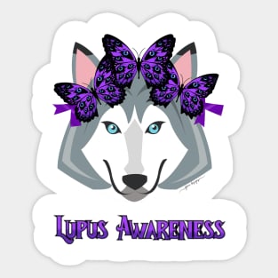 Lupus Wolf wearing Hope Butterfly Headband, Lupus Awareness Sticker